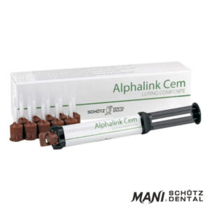 Alphalink Cem (Schutz Dental, Micerium) Cement Kompozytowy BEZ BIS-GMA. Podwójnie Utwardzalny (Chemo-Światło). Do Mocowania Koron, Mostów, Inlay, Onlay, LICÓWEK, Wkładów do kanału, prac z Ceramiki Szklanej, Tlenku Cyrkonu, Kompozytu, Metali Szlachetnych, Metali Nieszlachetnych, Tytanu oraz do ODBUDOWY ZRĘBU. Znakomita Siła Wiązania, Bardzo Dobra Widoczność na Rtg (210% AI). Wysoka Wytrzymałość na ściskanie(290 Mpa). E-Moduł: 12039 MPa, Wytrzymałość na zginanie: 118 MPa, Bardzo wysoka twardość Vickersa: 549 MPa. Zawartość wypełniaczy 75%. Wygodna Aplikacja - Strzykawka Automix 8 g.