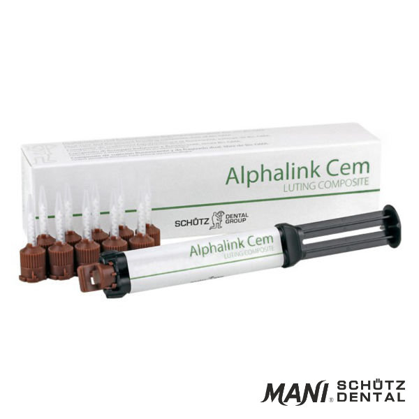 Alphalink Cem (Schutz Dental, Micerium) Cement Kompozytowy BEZ BIS-GMA. Podwójnie Utwardzalny (Chemo-Światło). Do Mocowania Koron, Mostów, Inlay, Onlay, LICÓWEK, Wkładów do kanału, prac z Ceramiki Szklanej, Tlenku Cyrkonu, Kompozytu, Metali Szlachetnych, Metali Nieszlachetnych, Tytanu oraz do ODBUDOWY ZRĘBU. Znakomita Siła Wiązania, Bardzo Dobra Widoczność na Rtg (210% AI). Wysoka Wytrzymałość na ściskanie(290 Mpa). E-Moduł: 12039 MPa, Wytrzymałość na zginanie: 118 MPa, Bardzo wysoka twardość Vickersa: 549 MPa. Zawartość wypełniaczy 75%. Wygodna Aplikacja - Strzykawka Automix 8 g.