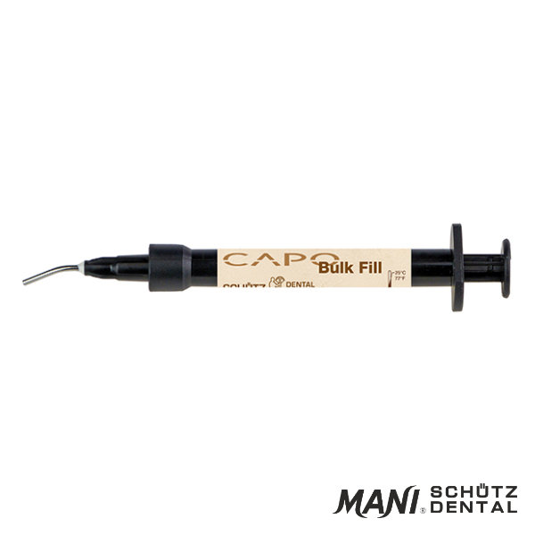 Capo Bulk Fill (Schutz Dental, Micerium) CERAMICZNY bez BIS-GMA! Półpłynny (gęsty) Kompozyt do Wypełnień w Zębach Trzonowych Typu " BULK". Do Pracy BEWARSTWOWEJ w Ubytkach Kl. I i II. Naświetlanie Warstw do 4mm. 77% Wypełniaczy! Minimalny Skurcz. Dopasowanie do Naturalnego koloru Zęba. Uniwersalny Zębinowy Odcień. Bardzo dobrze widoczny na RTG. Duża Strzykawka 2g.